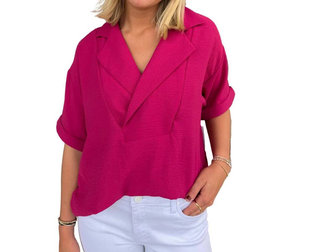 NEW TRIBAL lapel collar v-neck short sleeve shirt in bright gardenia